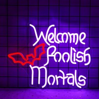 Welcome Foolish Mortals Neon Sign Halloween Led Neon Signs For Wall Decor Halloween Neon Light Usb Light Up Sign For Halloween D