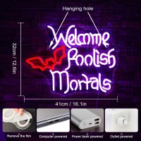 Welcome Foolish Mortals Neon Sign Halloween Led Neon Signs For Wall Decor Halloween Neon Light Usb Light Up Sign For Halloween D