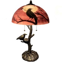 Bieye L10969 Ravens Sitting On Bare Tree Branch Against Full Moon Handpainted Glass Table Lamp With Raven Nest Lamp Base For Ha