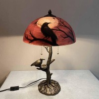 Bieye L10969 Ravens Sitting On Bare Tree Branch Against Full Moon Handpainted Glass Table Lamp With Raven Nest Lamp Base For Ha