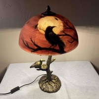 Bieye L10969 Ravens Sitting On Bare Tree Branch Against Full Moon Handpainted Glass Table Lamp With Raven Nest Lamp Base For Ha