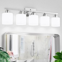 Faishilan 5Light Bathroom Light Fixtures Brushed Nickel Bathroom Vanity Light With Milky White Frosted Glass Shade Brushed Ni