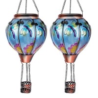 Ouisjyer 2Pc Hot Air Balloon Solar Lantern With 2Pc Shepherd Hook Flickering Flame Hanging Solar Lanterns Outdoor Lights Waterp