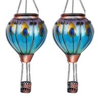 Ouisjyer 2Pc Hot Air Balloon Solar Lantern With 2Pc Shepherd Hook Flickering Flame Hanging Solar Lanterns Outdoor Lights Waterp