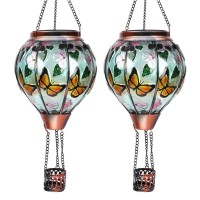 Ouisjyer 2Pc Hot Air Balloon Solar Lantern With 2Pc Shepherd Hook Flickering Flame Hanging Solar Lanterns Outdoor Lights Waterp