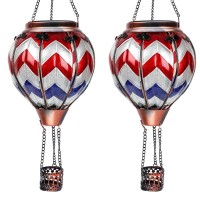 Ouisjyer 2Pc Hot Air Balloon Solar Lantern With 2Pc Shepherd Hook Flickering Flame Hanging Solar Lanterns Outdoor Lights Waterp