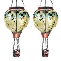 Ouisjyer 2Pc Hot Air Balloon Solar Lantern With 2Pc Shepherd Hook Flickering Flame Hanging Solar Lanterns Outdoor Lights Waterp