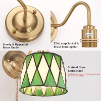 Shenmoyl Plug In Wall Sconces Set Of 2 Vintage Wall Lamps With Green Checker Sconce Stained Glass Shade Brass Lights Fixture D