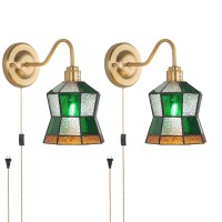 Shenmoyl Plug In Wall Sconces Set Of 2 Vintage Wall Lamps With Polygonal Checker Stained Glass Shade Brass Lights Fixture Deco