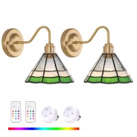 Shenmoyl Vintage Battery Operated Wall Sconce Set Of 2 With Remote Rgb Led Wall Lamp 12 Colors Dimmable Brass Lights Fixture F