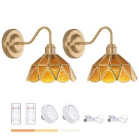 Shenmoyl Vintage Battery Operated Wall Sconce Set Of 2 With Remote Rechargeable Wall Lamp 3 Colors Dimmable Brass Lights Fixtu