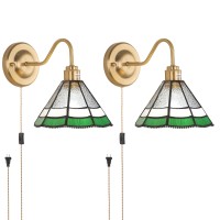 Shenmoyl Plug In Wall Sconces Set Of 2 Vintage Wall Lamps With Green Multilayer Petal Stained Glass Shade Brass Lights Fixture