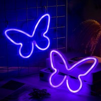 Riakrum 2 Pcs Butterfly Neon Signs Butterfly Led Light 3Aa Battery Powered Usb Operated Wall Neon Light Decor Butterfly Neon Wa