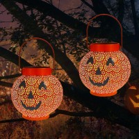 2 Pack Halloween Decorations Outdoor Pumpkin Solar Lanterns Hanging Jack O Lantern Lights Pumpkin Outdoor Halloween Decor Metal