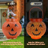 2 Pack Halloween Decorations Outdoor Pumpkin Solar Lanterns Hanging Jack O Lantern Lights Pumpkin Outdoor Halloween Decor Metal