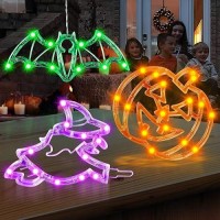 Halloween Lights Decorations 3 Pack Halloween Window Lights Orange Pumpkin Green Bat Purple Witch Light Up Decorations With Su