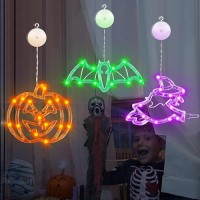 Halloween Lights Decorations 3 Pack Halloween Window Lights Orange Pumpkin Green Bat Purple Witch Light Up Decorations With Su