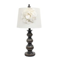 Elegant Designs Lt3097Wht Stacked Ball Lamp With Couture Linen Flower Shade Aged Bronze