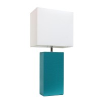 Elegant Designs Lt1025Tel Modern Leather Table Lamp With White Fabric Shade Teal