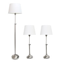 Elegant Designs Lc1017Bsn Brushed Nickel Adjustable 3 Pack Lamp Set With White Fabric Shades 1 Floor Lamp And 2 Table Lamps