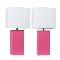 Elegant Designs Lc2000Hpk2Pk 2 Pack Modern Leather Table Lamps With White Fabric Shades Hot Pink