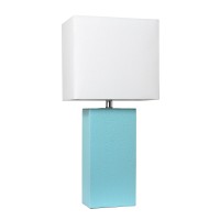 Elegant Designs Lt1025Aqu Modern Leather Table Lamp With White Fabric Shade Aqua