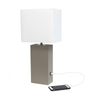 Elegant Designs Lt1053Gry Modern Leather Table Lamp With Usb And White Fabric Shade Grey