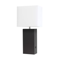 Elegant Designs Lt1053Blk Modern Leather Usb And White Fabric Shade Table Lamp Black