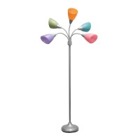 Simple Designs 5 Light Adjustable Gooseneck Silver Floor Lamp With Fun Multicolored Shades