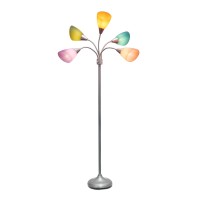 Simple Designs 5 Light Adjustable Gooseneck Silver Floor Lamp With Fun Multicolored Shades