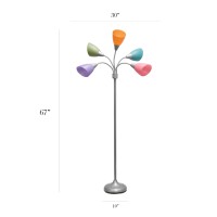 Simple Designs 5 Light Adjustable Gooseneck Silver Floor Lamp With Fun Multicolored Shades